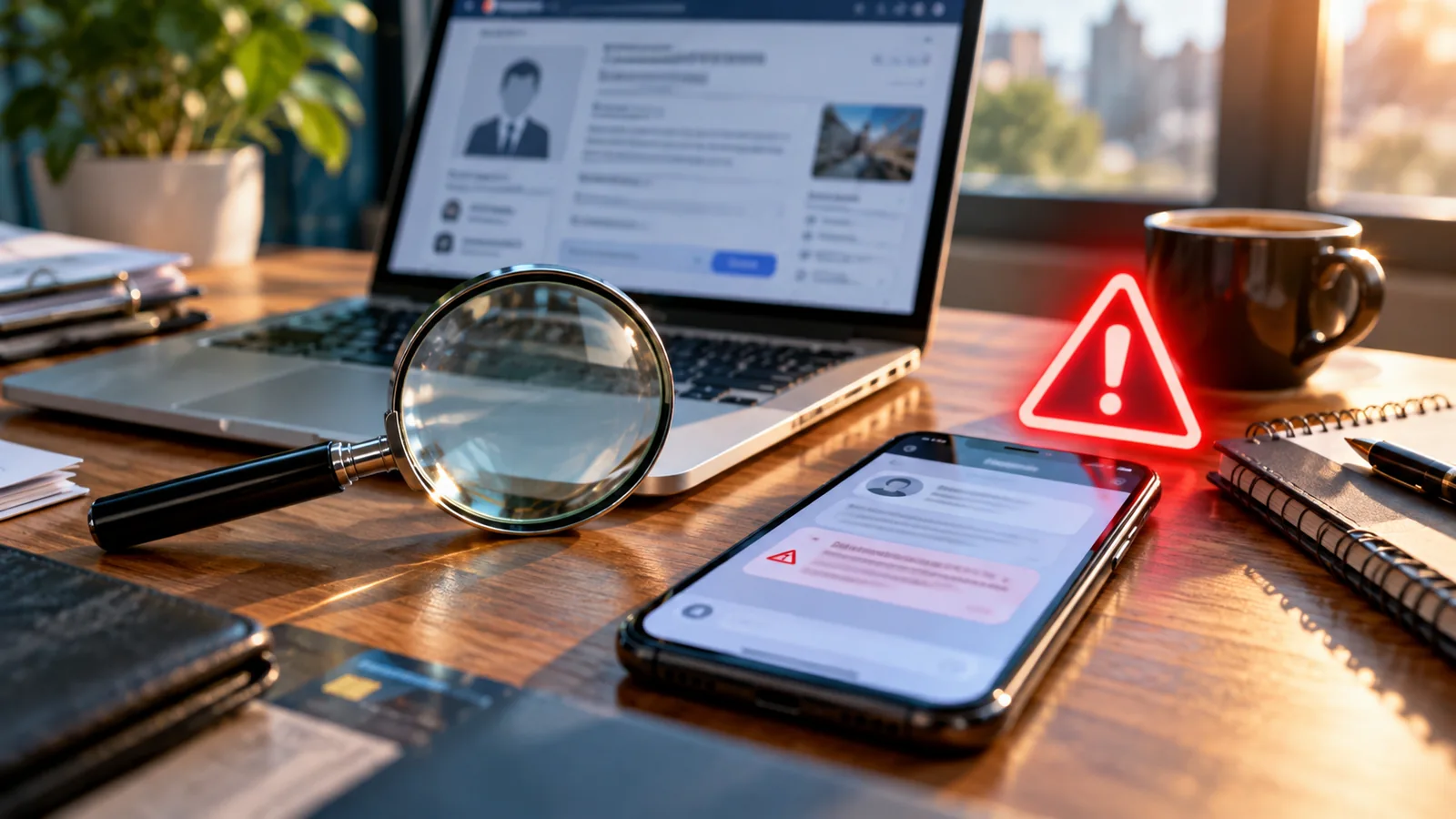 How to Tell if an Online Job Offer Is a Scam: Red Flags and Verification Steps 1 Illustrative AI-generated scene of a laptop, phone, magnifying glass and fraud warning symbol representing online job offer scams
