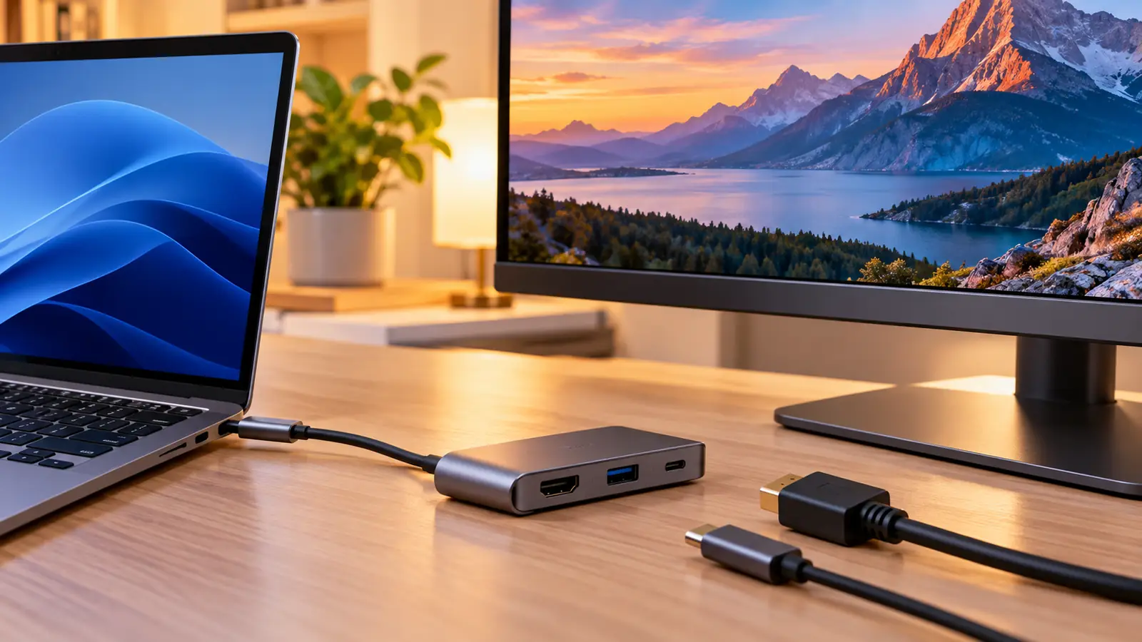 How to Tell If Your USB-C Port Supports Video Output: A Practical Test Guide 1 USB-C hub connected between laptop and large external monitor on a modern desk