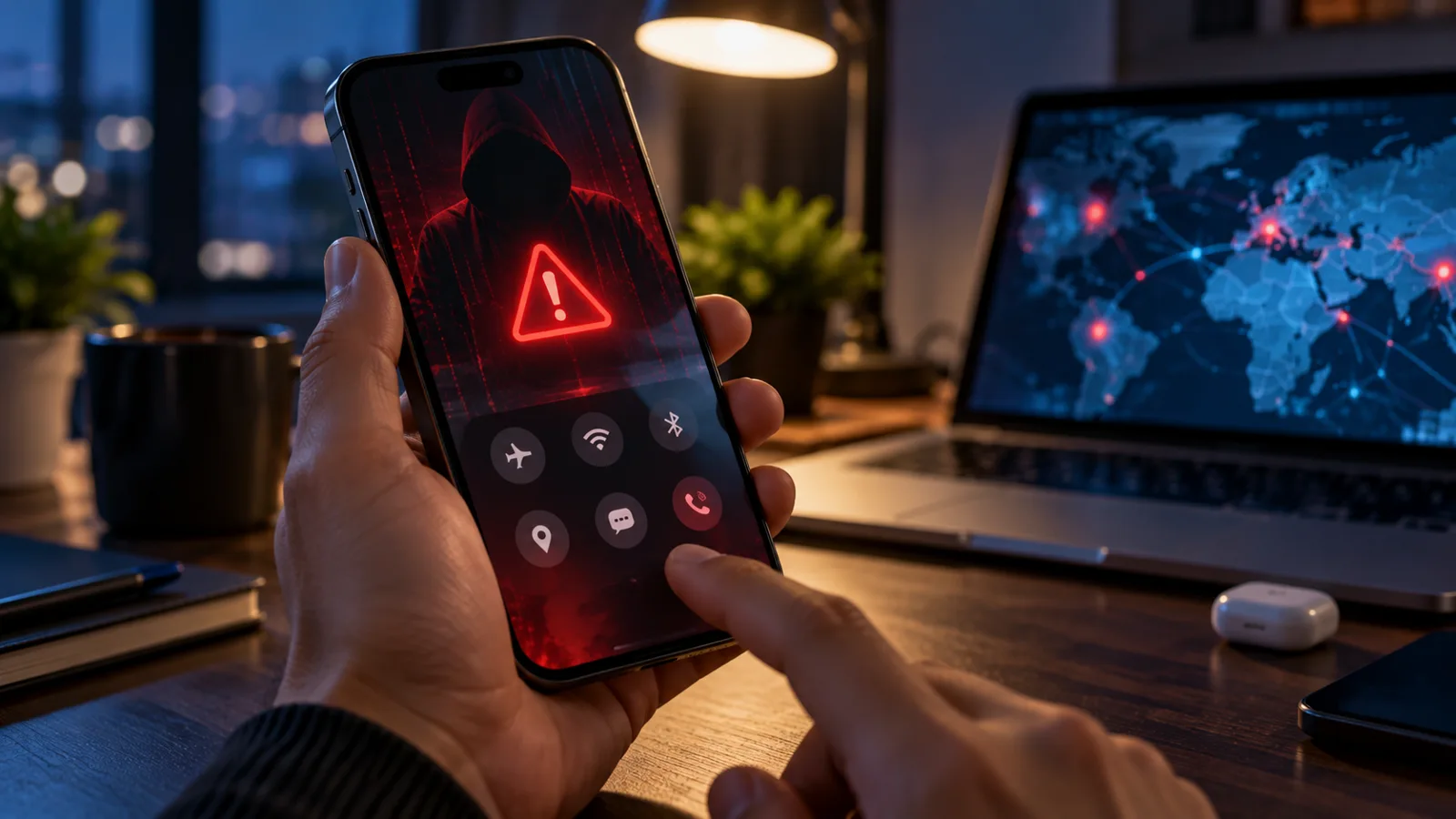 How to Tell If Your Phone Has Been Hacked: Real Warning Signs vs Myths 1 Smartphone displaying a cybersecurity warning on a desk beside a laptop