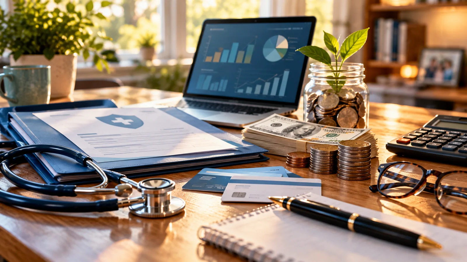 Sunlit desk with health insurance documents, a stethoscope, a jar of savings, U.S. dollar bills and a calculator symbolizing 2027 HSA planning