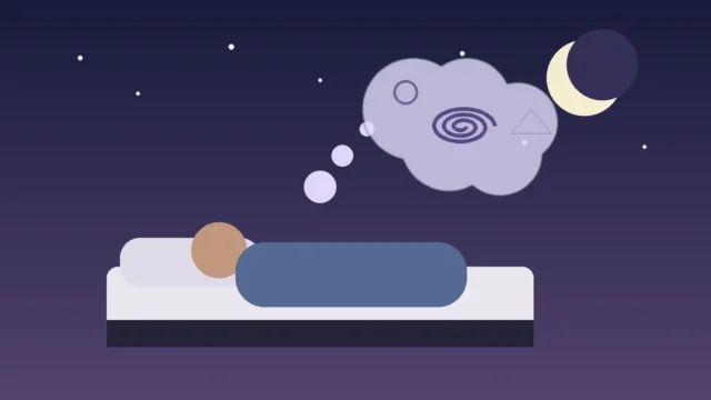 شخص نائم تحيط به صور وتجريدات ترمز إلى الأحلام المتواصلة وفرط الأحلام