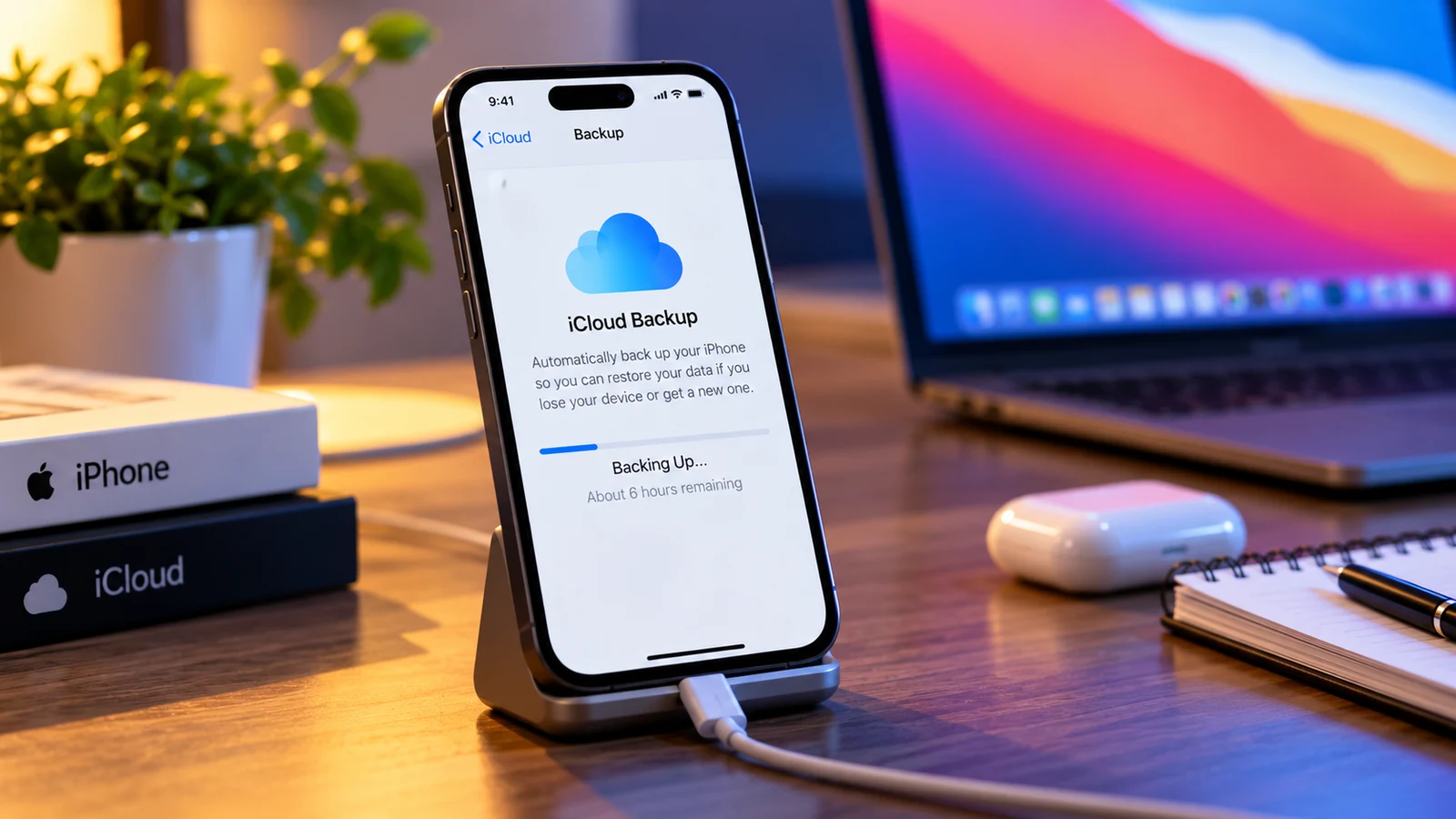 iCloud Backup Stuck or Taking Too Long? Diagnose Slow Uploads Without Losing Data 1 Conceptual illustration of an iPhone showing iCloud backup progress on a desk; not a genuine Apple interface screenshot