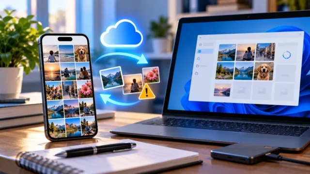 iPhone photo gallery beside a Windows laptop with partially loaded photos, cloud sync arrows and a caution symbol on a desk