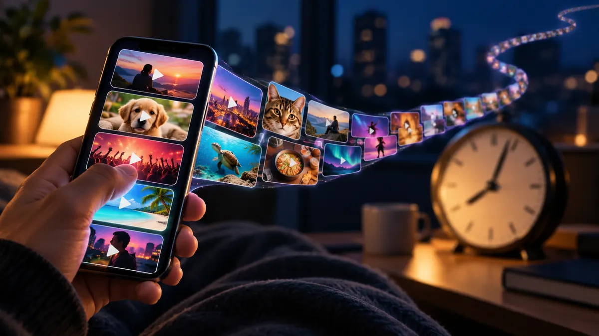 التمرير اللانهائي.. لماذا تتحول خمس دقائق ريلز إلى ساعة؟ 1 تصور للتمرير اللانهائي يظهر هاتفًا وشريط فيديوهات ممتدًا بجوار ساعة
