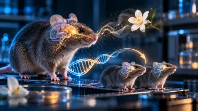 صورة تعبيرية لفأر مختبر يشم زهرة بيضاء وبجواره نسل فئران ومسار DNA مضيء يرمز إلى بحث انتقال الحساسية للرائحة عبر الأجيال؛ ليست صورة من التجربة الأصلية