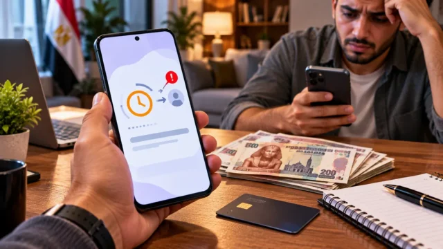 صورة تعبيرية لمستخدم يتابع تحويل إنستاباي معلق بعد خصم المبلغ ويتحقق من حالة وصول الأموال