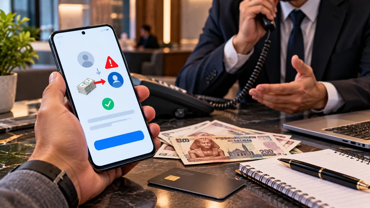 استرجاع فلوس إنستاباي بعد التحويل بالخطأ: الخطوات الرسمية وتقديم الشكوى 1 صورة تعبيرية لمستخدم يراجع تحويل أموال خاطئ من الهاتف ويتواصل مع خدمة عملاء البنك لاسترداد مبلغ إنستاباي