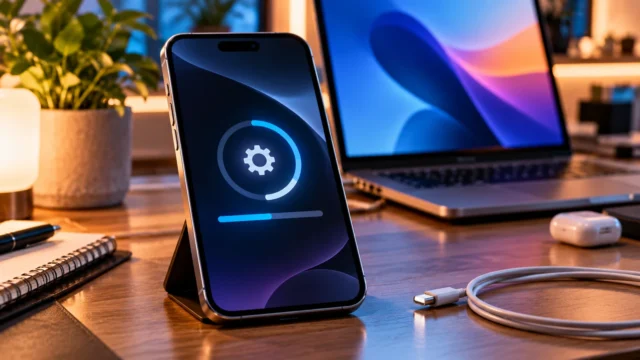 Editorial concept of an iPhone software update progress indicator on a desk, not an actual iOS error screenshot
