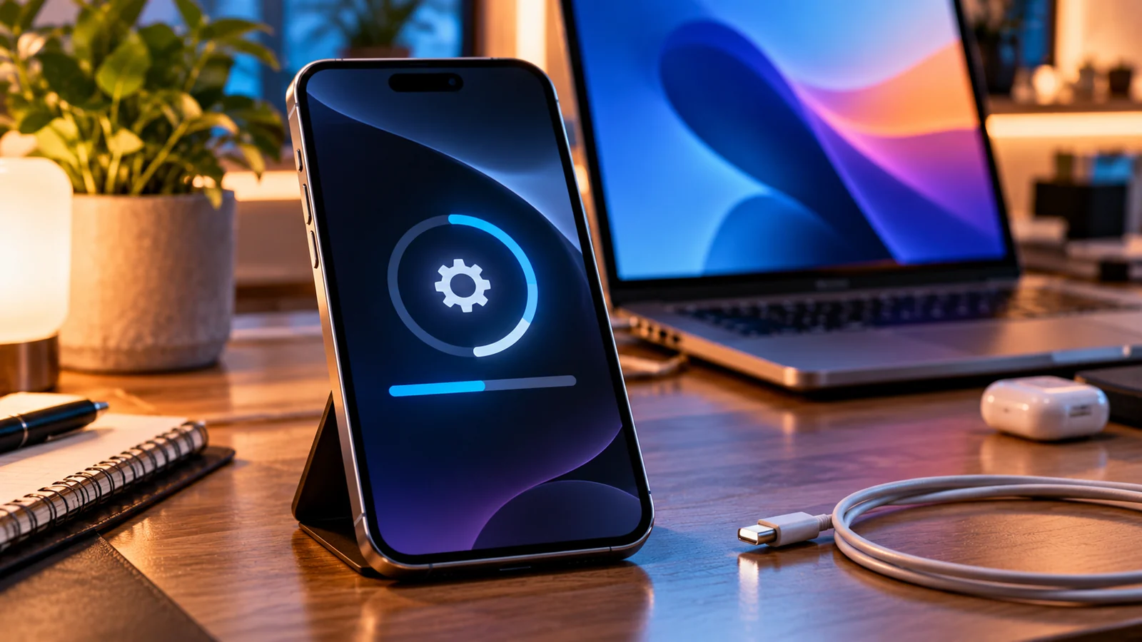 iOS 27.2 Stuck on Verifying Update? Safe Fixes Without Erasing Your iPhone 1 Editorial concept of an iPhone software update progress indicator on a desk, not an actual iOS error screenshot