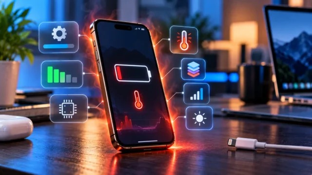 iPhone showing a low battery and heat warning with battery, temperature and performance icons