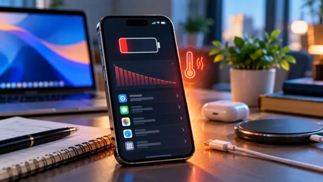 Illustrative iPhone with low battery indicator and battery usage graph on a desk