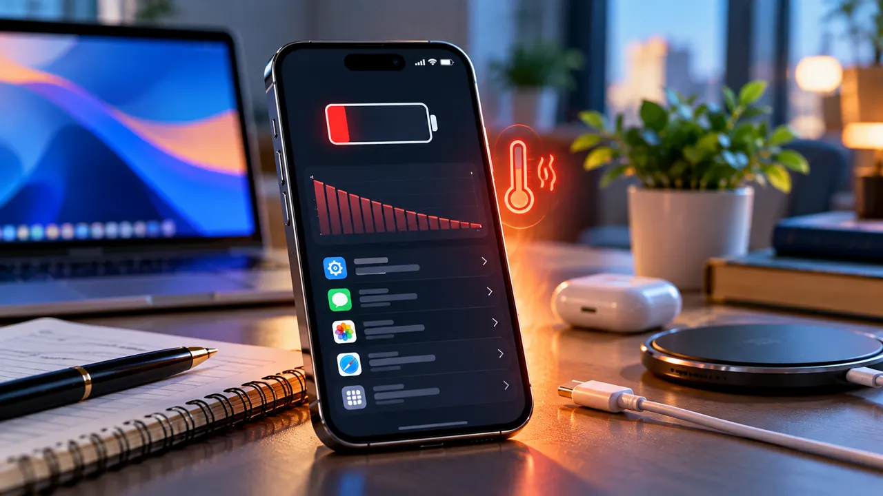 Illustrative iPhone with low battery indicator and battery usage graph on a desk