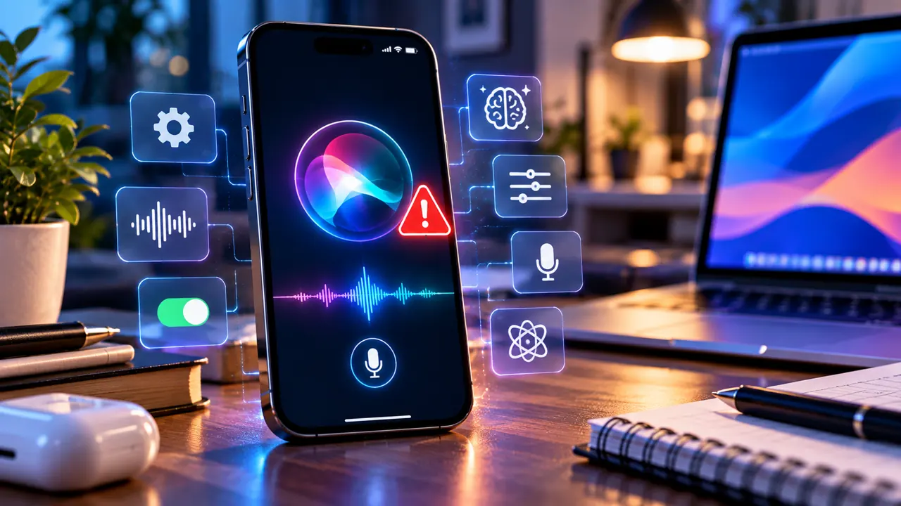 iOS 27 Siri Not Working? How to Fix Apple Intelligence Features 1 iPhone showing Siri voice assistant troubleshooting with warning symbol and microphone icons