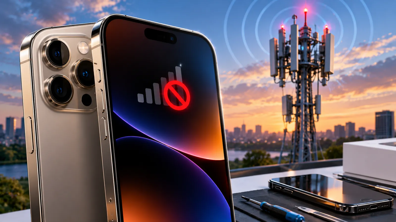 Smartphone showing lost cellular signal beside a cell tower, illustrating the iPhone 18 Pro Max AT&T SOS issue