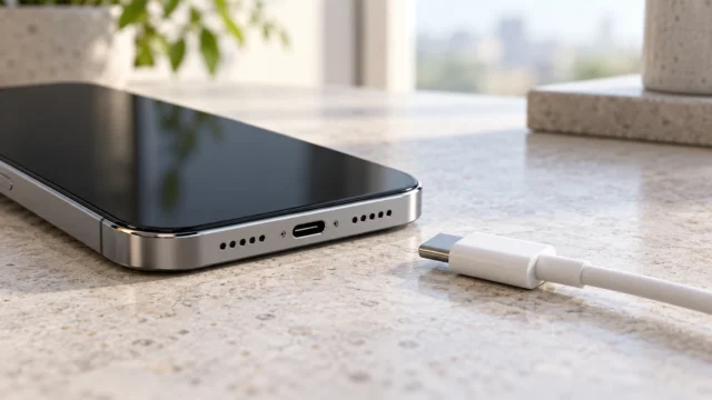هاتف يظهر منفذ USB-C بجواره كابل شحن مفصول على سطح جاف