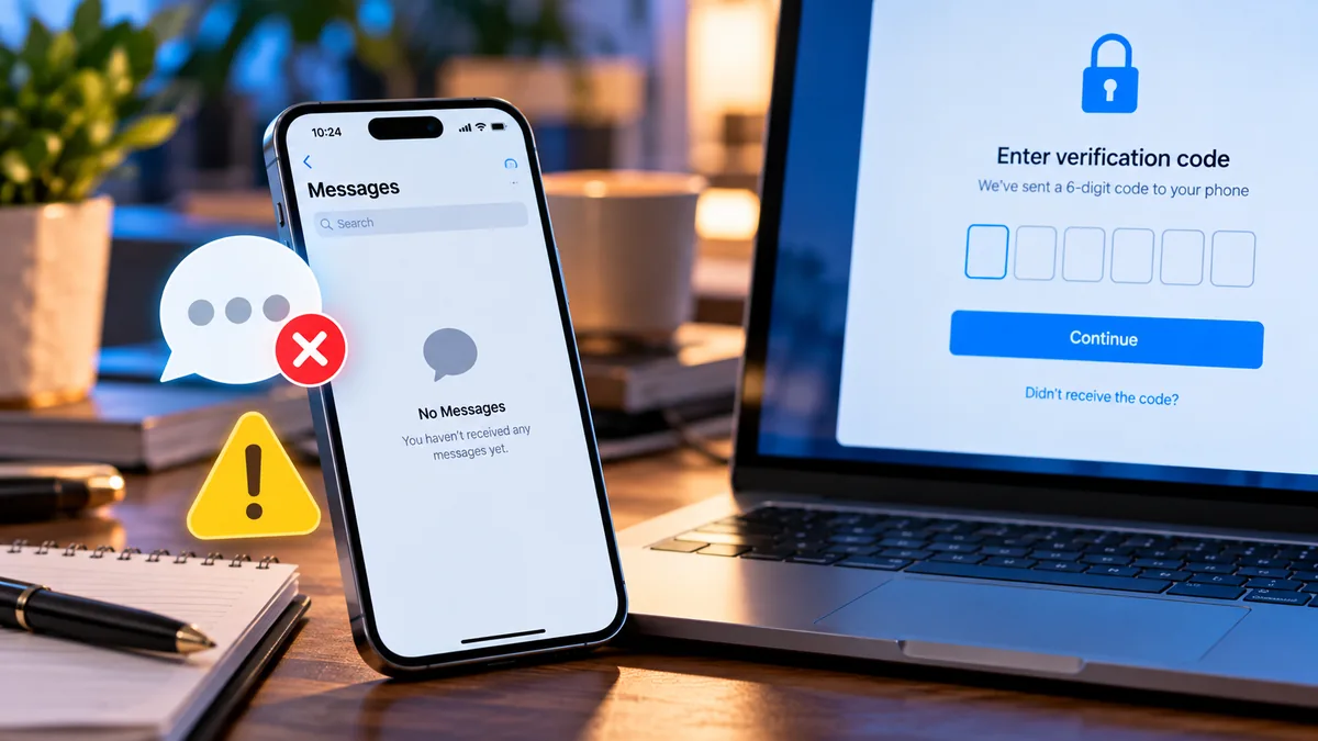 Why Can't I Receive Verification Codes on My iPhone? 17 Fixes for SMS & OTPs 1 iPhone with missing verification messages beside a laptop requesting a six-digit login code