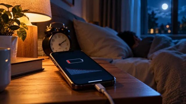 Smartphone with low battery on a bedside table at night while a person sleeps