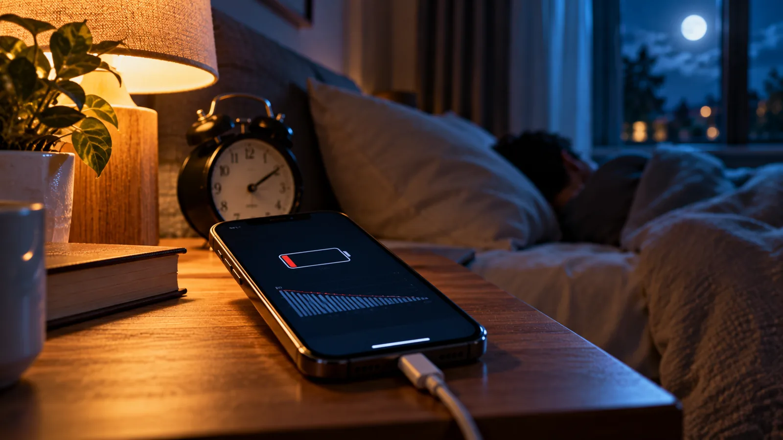 Why Your iPhone Battery Drains Overnight and How to Fix It 1 Smartphone with low battery on a bedside table at night while a person sleeps