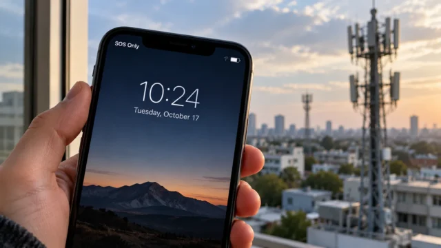 Hand holding an iPhone displaying SOS Only with a cellular tower in the background