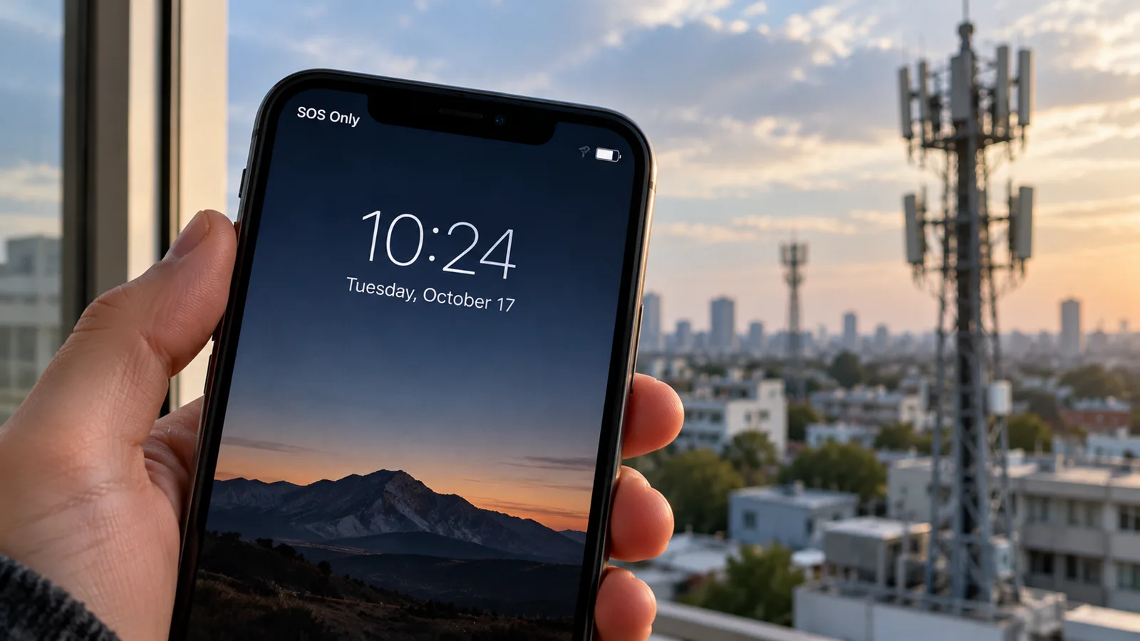 Hand holding an iPhone displaying SOS Only with a cellular tower in the background