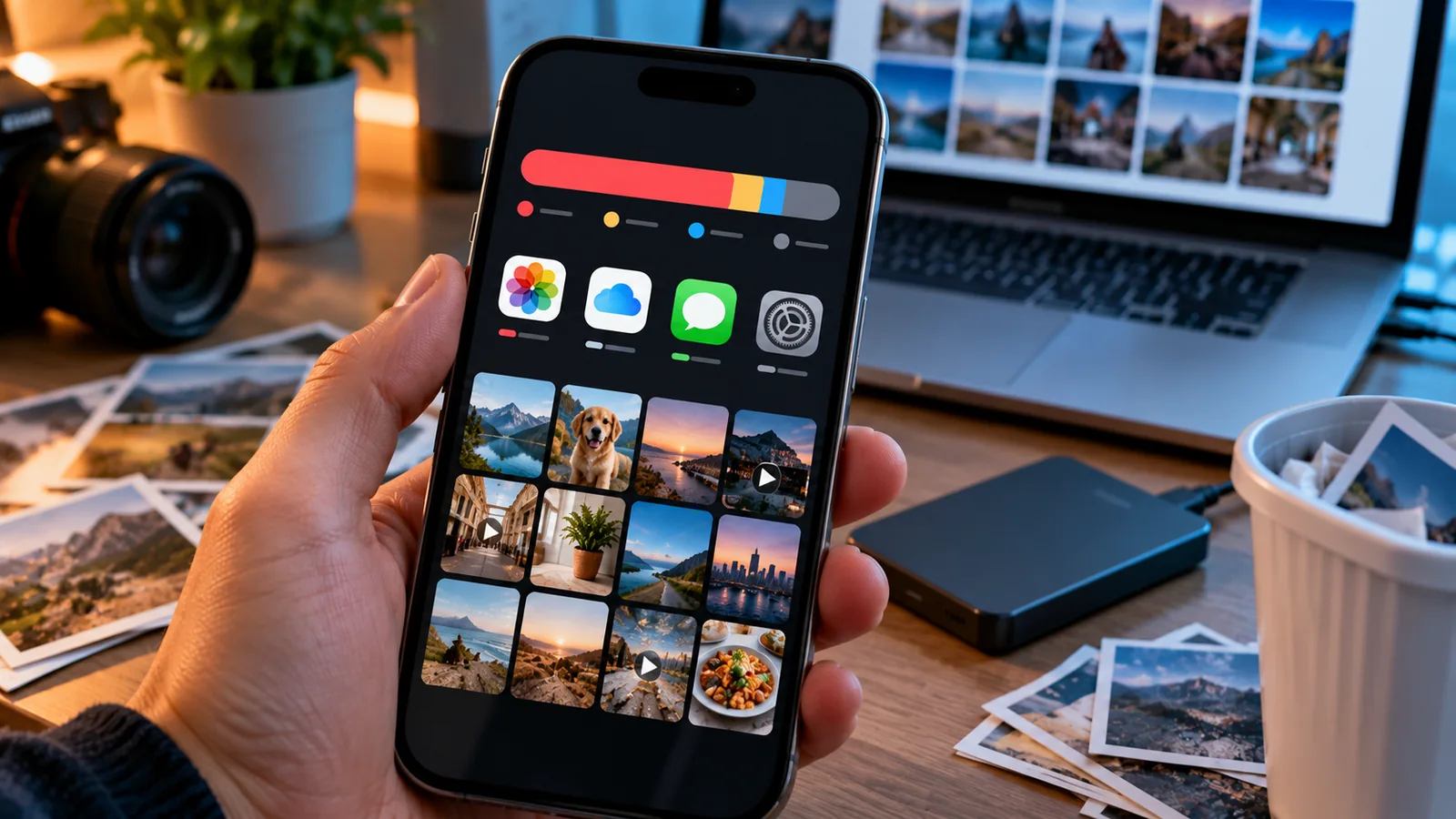 Why Your iPhone Storage Is Still Full After Deleting Photos (Safe Fixes) 1 Hand holding an iPhone displaying a nearly full storage bar and photo gallery beside a laptop and external drive
