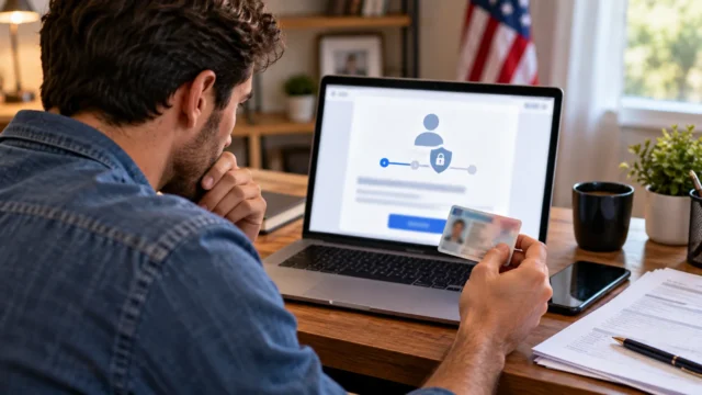Adult taxpayer at a laptop reviewing an identity verification process while holding a photo ID