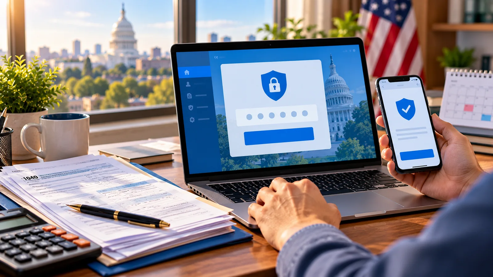 How to Get an IRS IP PIN or Recover a Lost One: 2026 Guide 1 Person reviewing a US federal tax form on a desk while using an identity protection login screen on laptop and smartphone