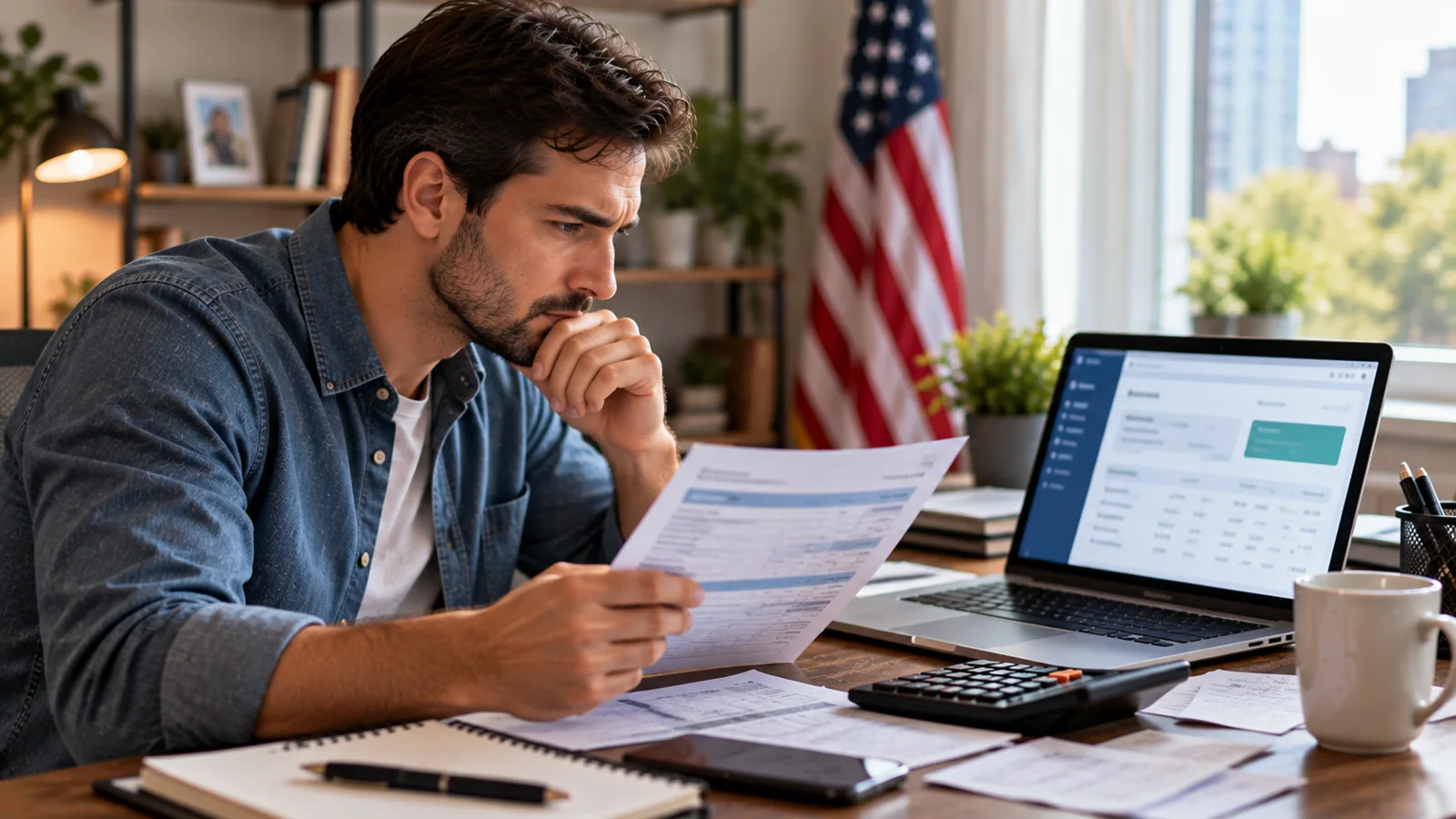 How to Check Your IRS Online Account Balance and Payment History: Step-by-Step Guide 1 American taxpayer checking tax paperwork and IRS payment history on a laptop in a home office
