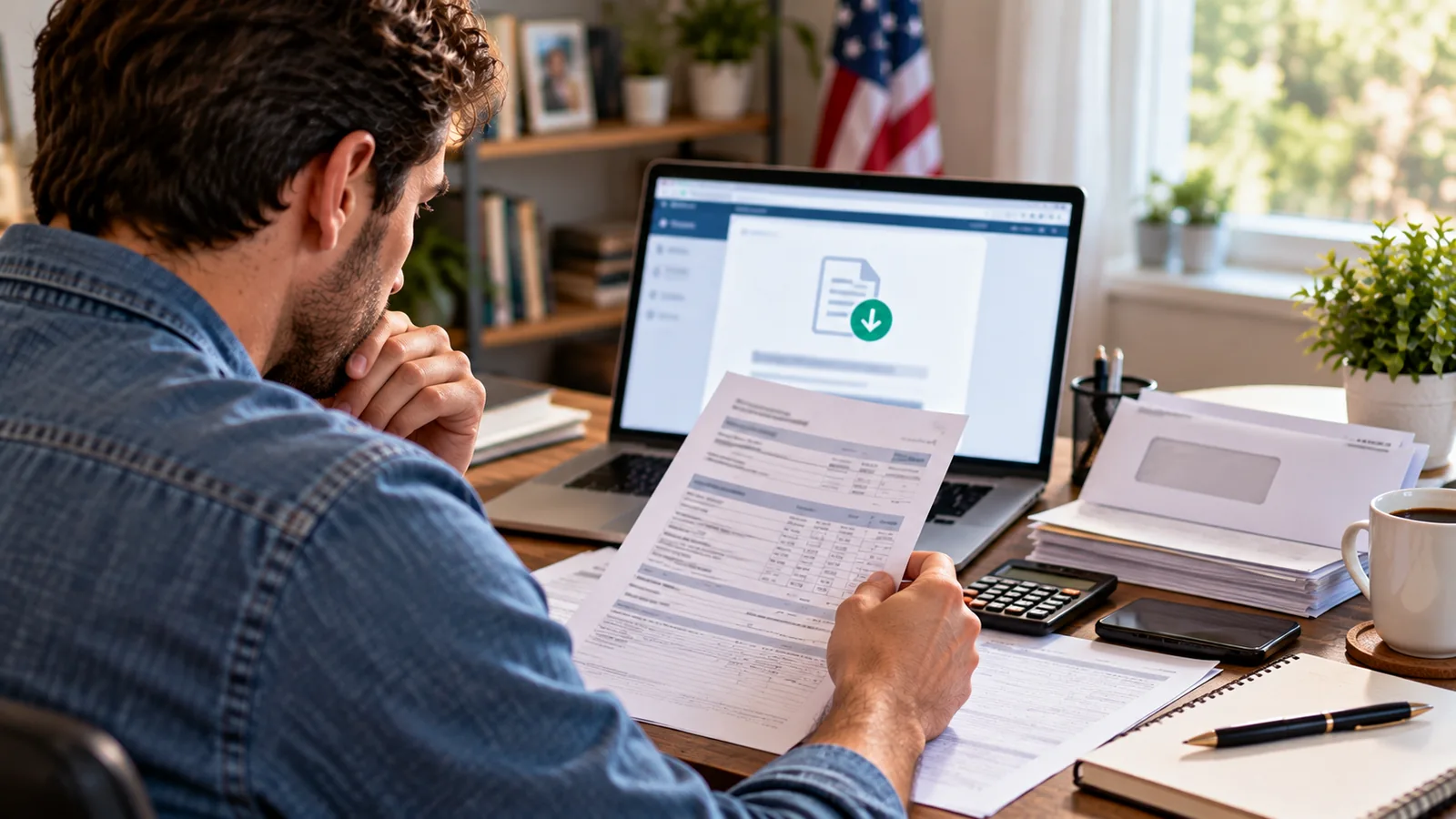 American taxpayer reviewing tax documents beside a laptop while preparing to download an IRS transcript