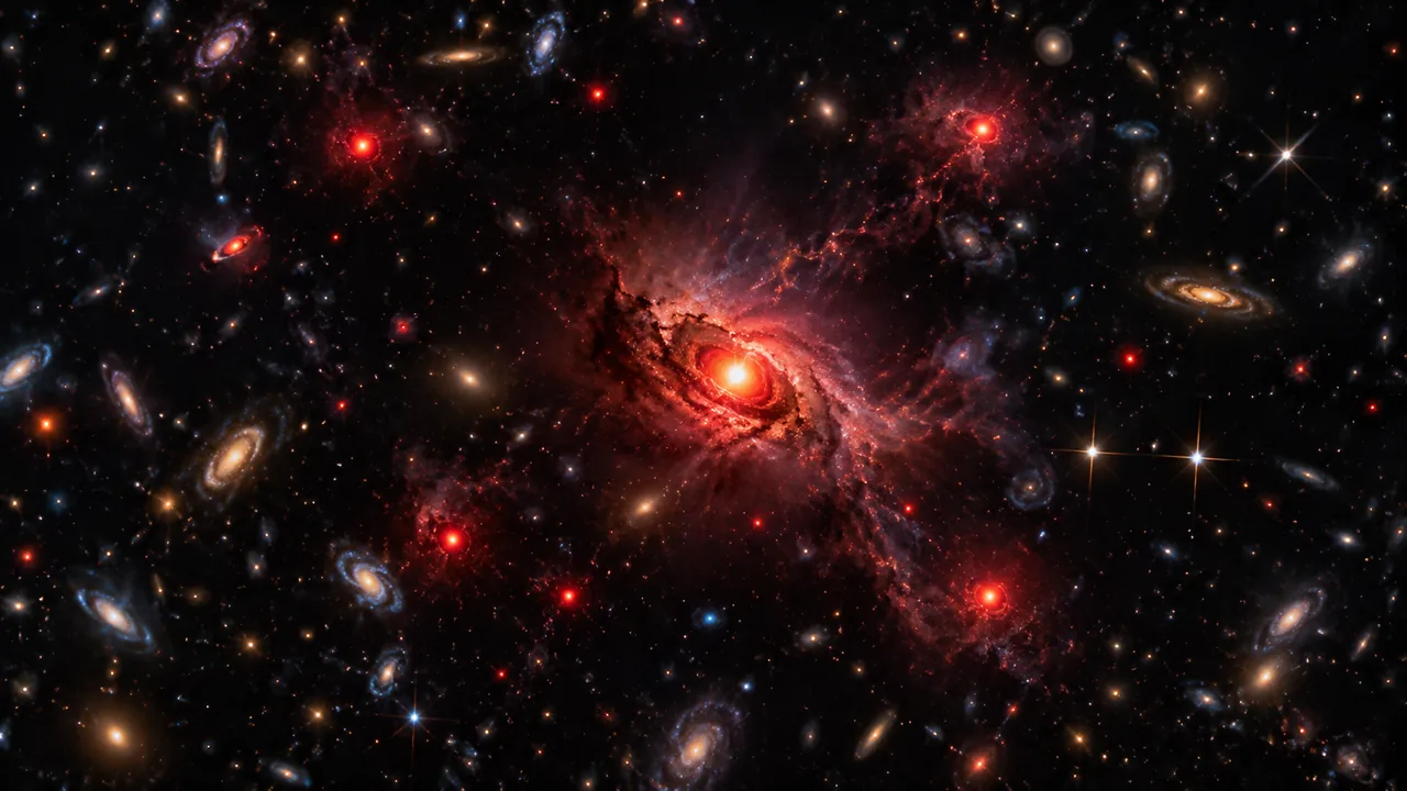 What Are the Mysterious Little Red Dots Found by the James Webb Telescope? 1 Artistic illustration of glowing little red dots among distant galaxies in the early universe; not an actual Webb image