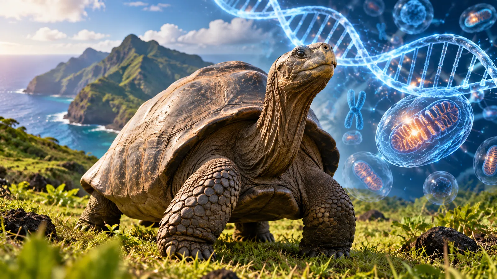 Ancient giant tortoise with DNA and mitochondria graphics illustrating longevity research