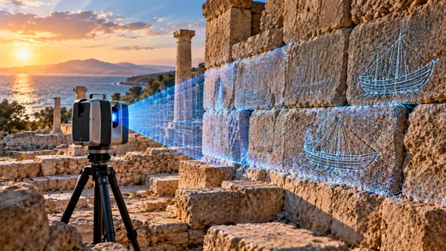 صورة تمثيلية توضح استخدام جهاز مسح ليزري ثلاثي الأبعاد لكشف رسوم سفن على جدار حجري قديم في قبرص