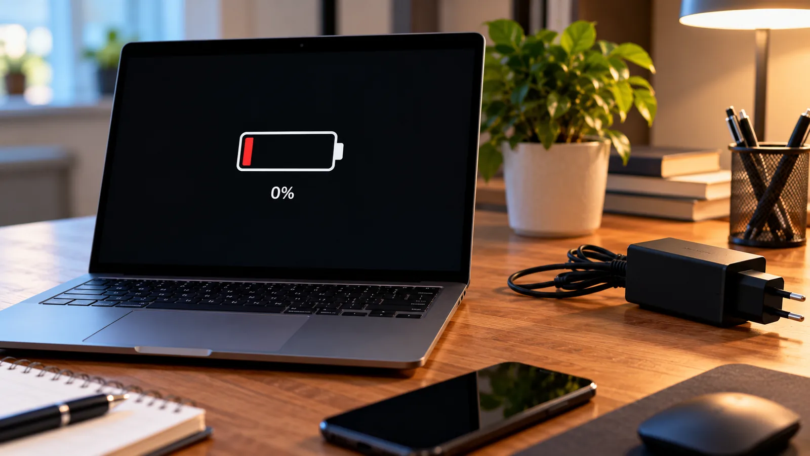Laptop on desk displaying a low battery warning with charger nearby