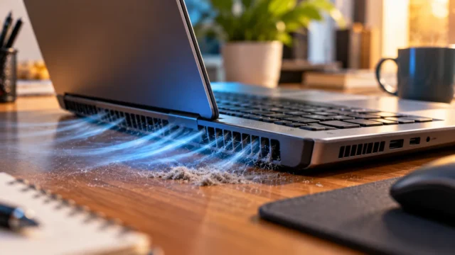 Laptop cooling vents with visible dust on a desk, illustrating airflow and fan noise troubleshooting