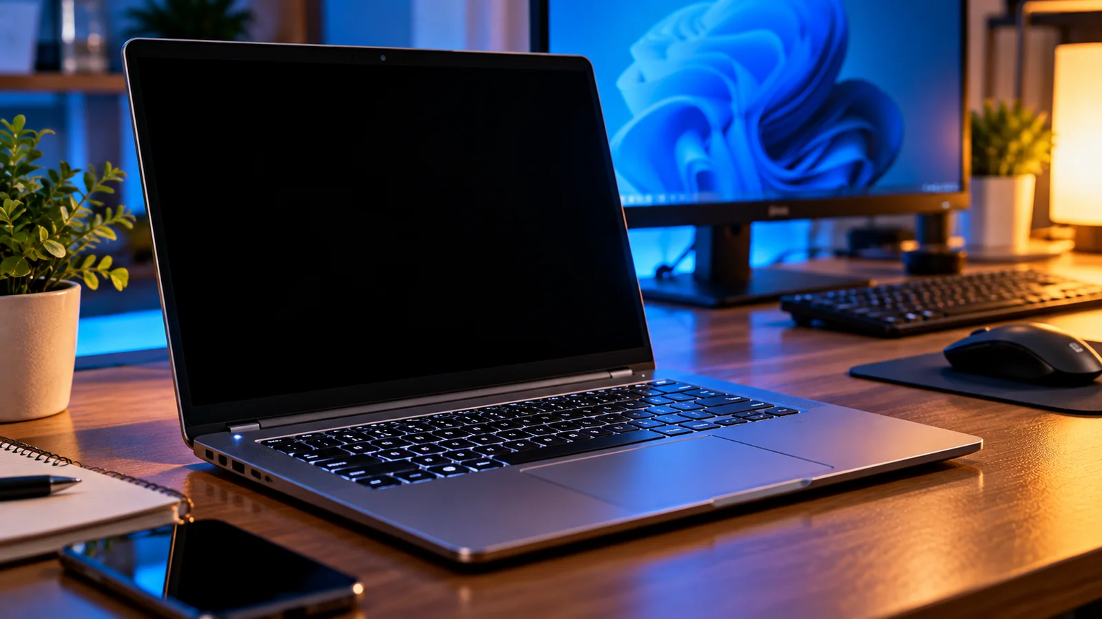 Laptop Turns On but Screen Is Black? How to Diagnose and Fix It 1 Powered-on laptop with black display on a softly lit desk, illustrating a laptop no-display problem