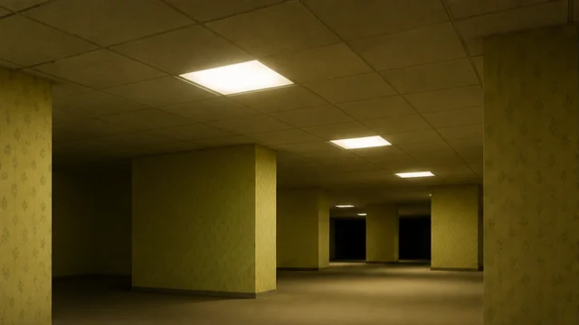 Empty fluorescent-lit hallway with repeating doors and a distant vanishing point