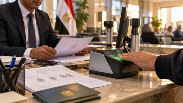 موظف مركز خدمة حكومي يراجع هوية مواطن ومستنداته قبل استكمال معاملة رخصة قيادة