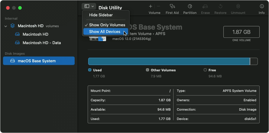 USB Drive Empty but Space Used? Find the Missing Data Safely 3 Apple Disk Utility screenshot with the Show All Devices menu option selected
