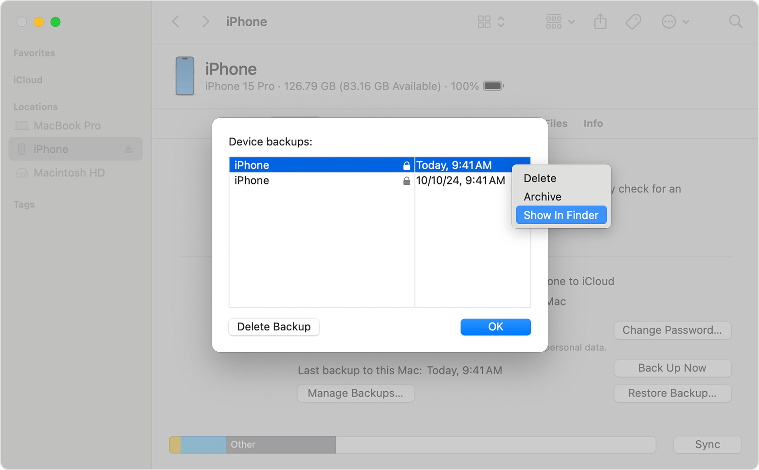 Mac System Data Too Large? Find and Reduce It Safely 2 Apple Support screenshot of the Finder Manage Backups dialog and its backup actions