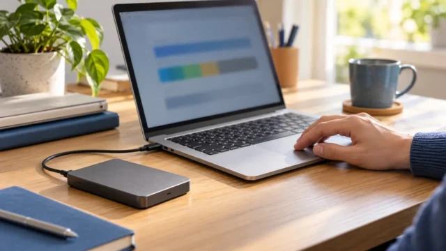 An aluminum laptop beside a connected external backup drive on a tidy home office desk