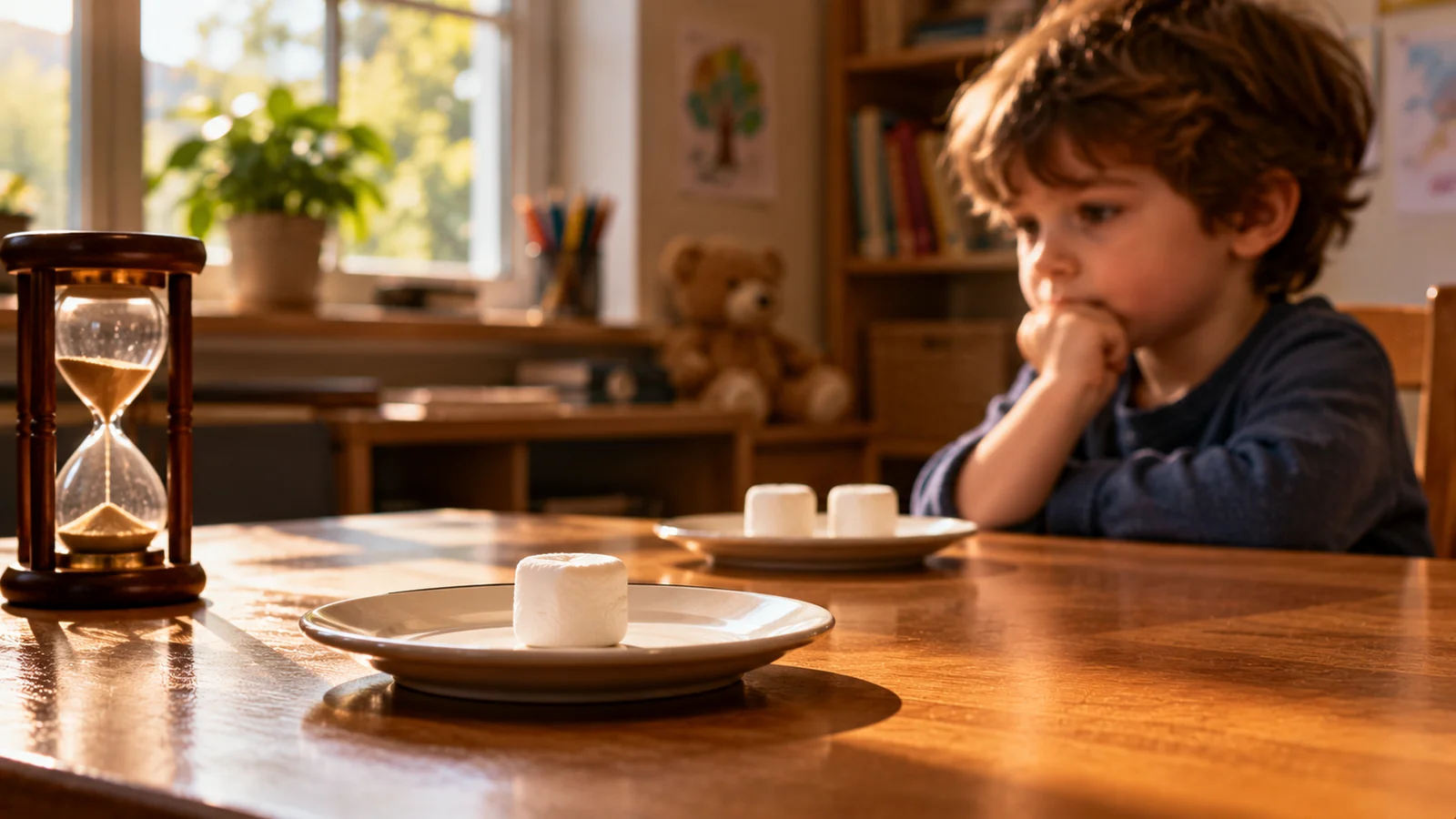 The Marshmallow Test Revisited: Can Waiting for a Treat Really Predict a Child’s Future? 1 Conceptual photograph of a child considering one marshmallow beside an hourglass, representing the delay-of-gratification test; not an archival experimental image