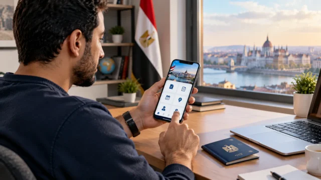 مواطن مصري بالخارج يستخدم هاتفًا ذكيًا لمراجعة خدمات قنصلية بجوار جواز سفر مصري