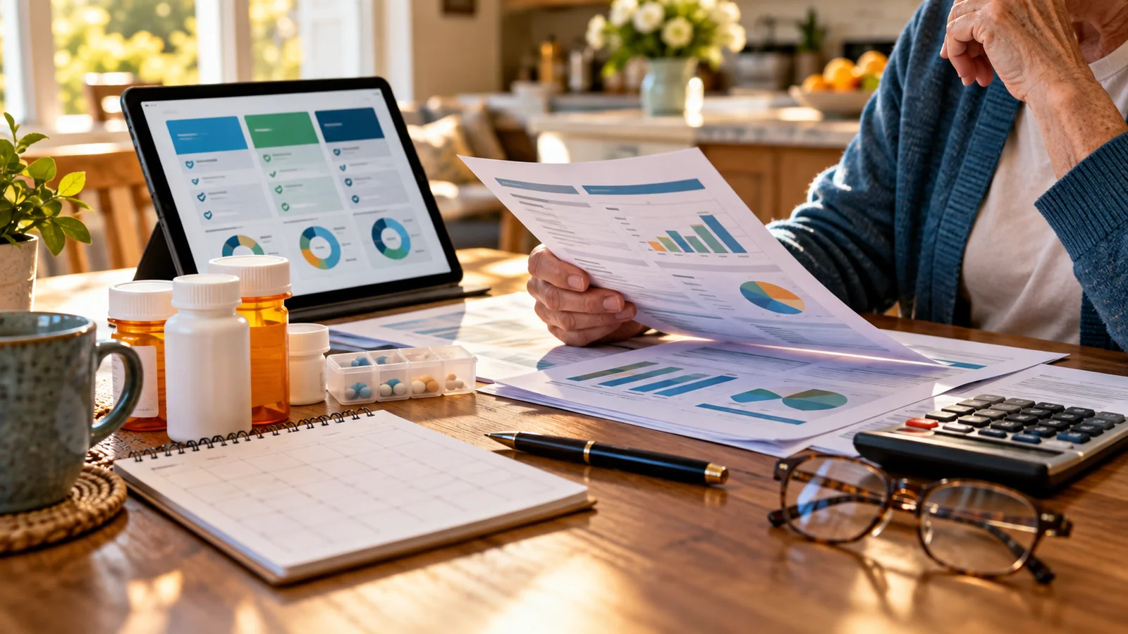 Older adult comparing Medicare health and prescription drug plan costs at a table with a tablet, medications and printed charts
