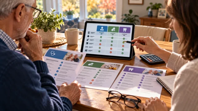 Older American adult and family member reviewing Medicare coverage options, prescriptions, costs, and medical plan documents at home (AI-generated illustration)