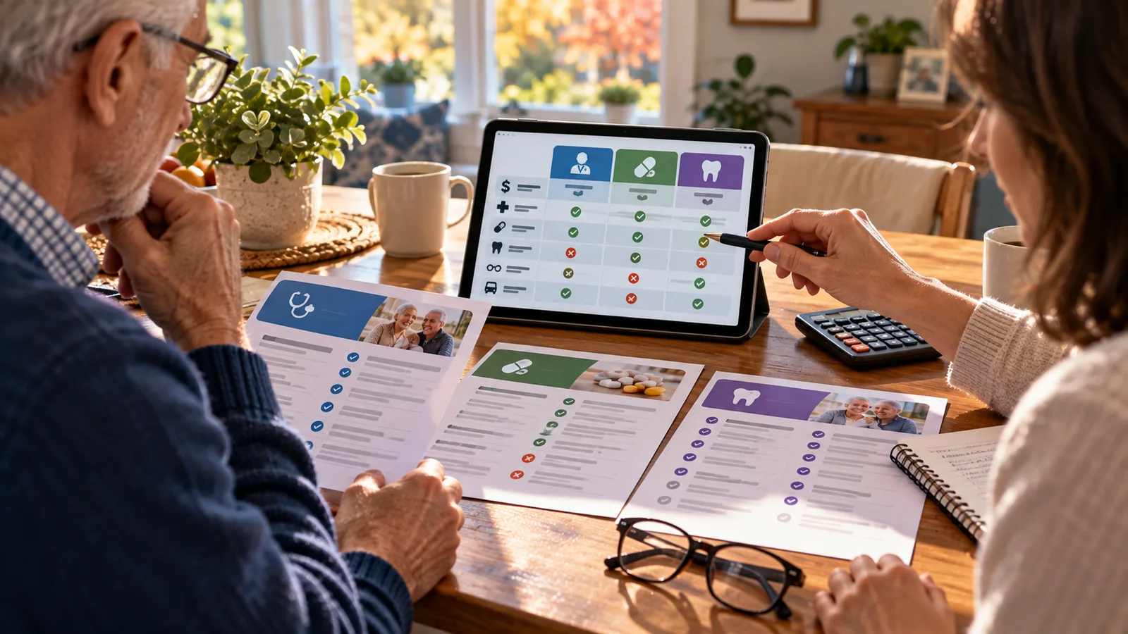 Medicare Open Enrollment: How to Compare Plans and Avoid Common Mistakes 1 Older American adult and family member reviewing Medicare coverage options, prescriptions, costs, and medical plan documents at home (AI-generated illustration)
