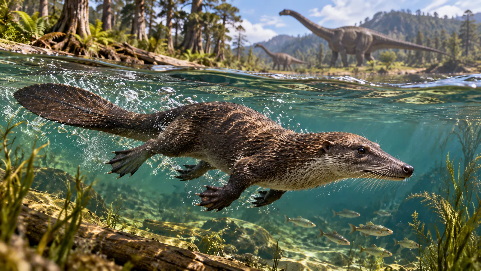Artist-style reconstruction of an otter-like Jurassic mammal relative swimming while dinosaurs stand on the shore