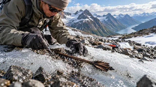 Archaeologist examining a wooden object at the edge of melting alpine ice, with rugged mountains in the distance