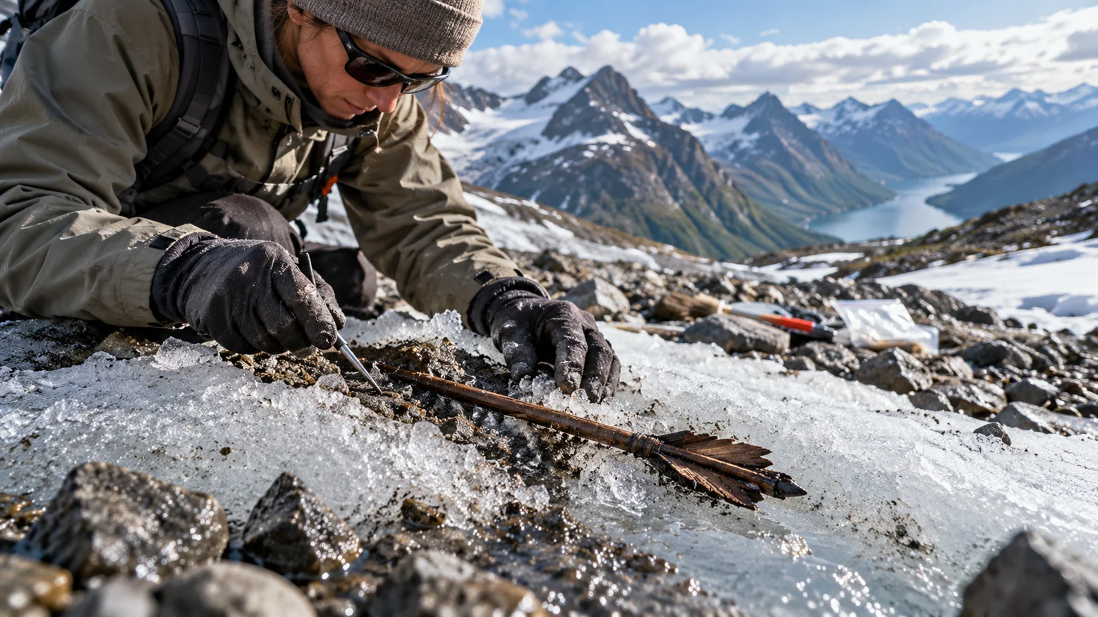 Ancient Objects Emerging From Melting Glaciers: What Scientists Are Finding 1 Archaeologist examining a wooden object at the edge of melting alpine ice, with rugged mountains in the distance