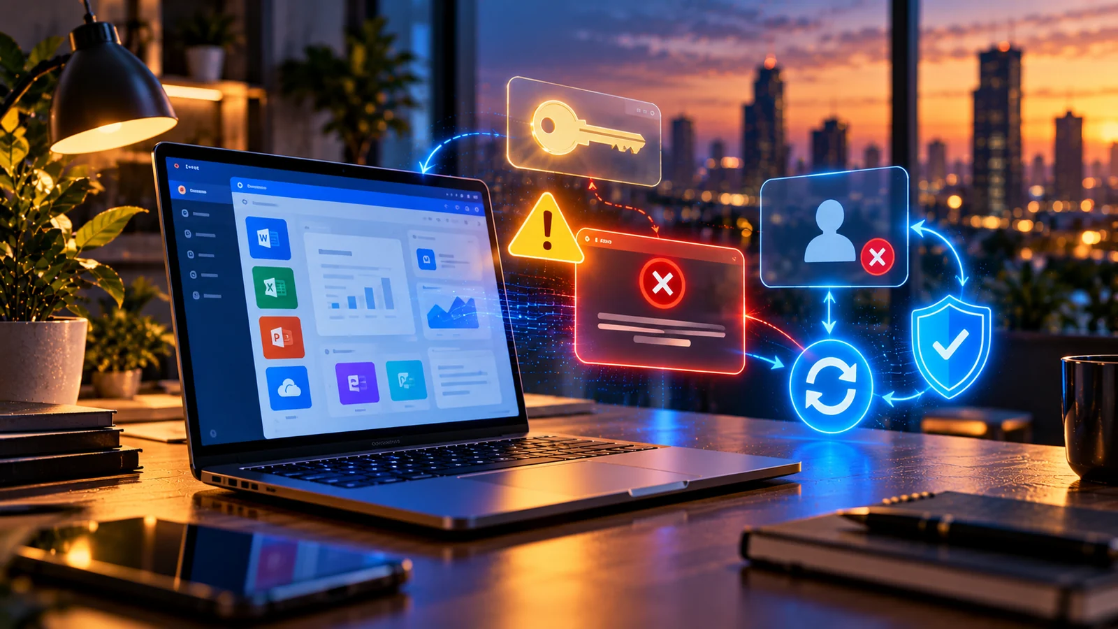 Laptop with glowing license key, account sign-in warning and cloud activation security symbols illustrating Microsoft 365 activation troubleshooting