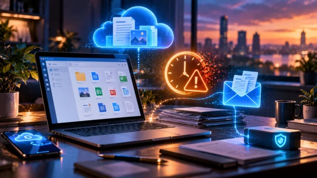 Concept illustration of Microsoft 365 cloud files, an email envelope and expiry warning beside a laptop before subscription renewal